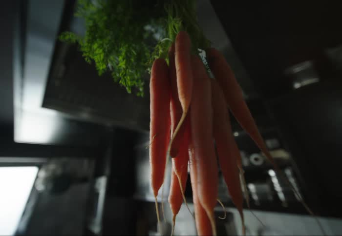 Carrots are hanging in the kitchen