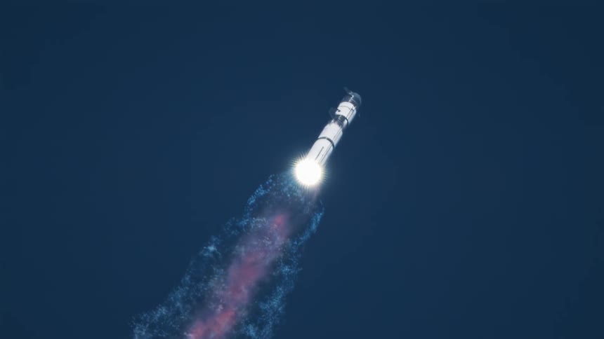 Rocket rising into the sky releasing fire and smoke