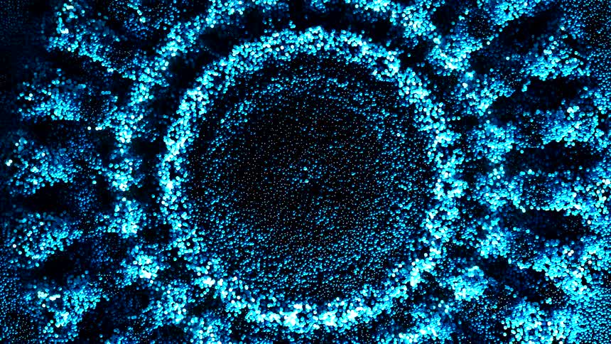Pulsating Dynamic Particles in Motion Creating Radial Glowing Geometric Patterns
