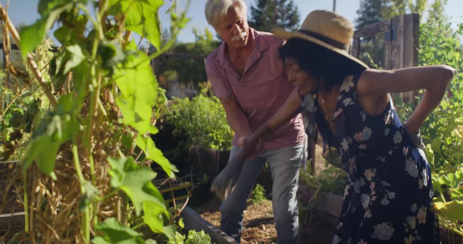 Man helping a woman to stand up next to a vegetable garden
