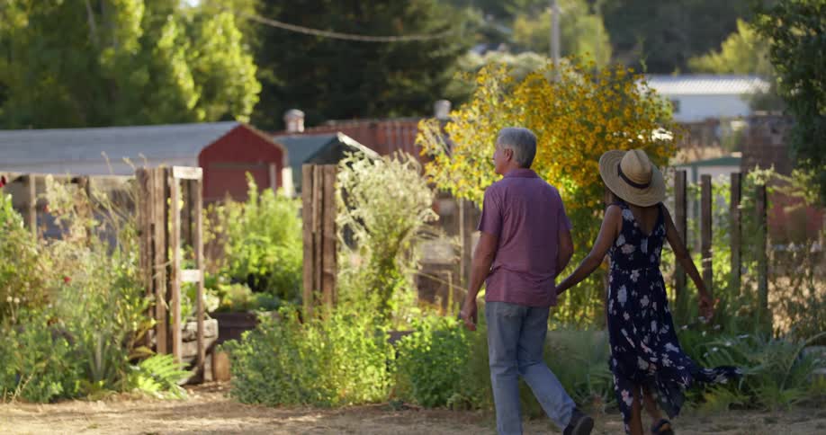 An couple is walking hand in hand through a lush garden area