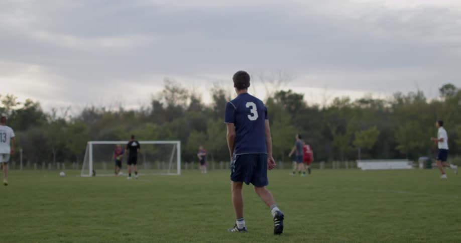 A man in blue walks across the soccer field on a cloudy day