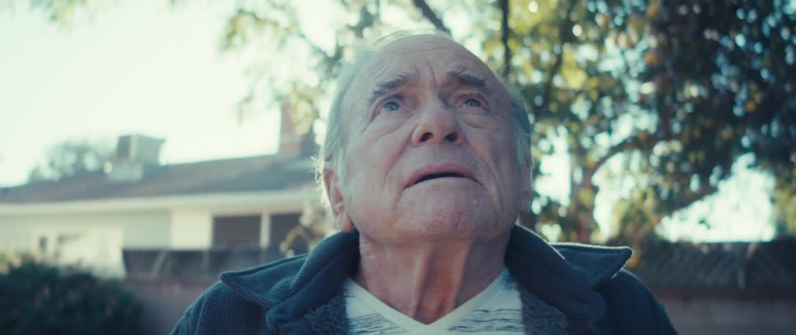 An elderly man stands outdoors on a sunny summer day and looks up at the sky