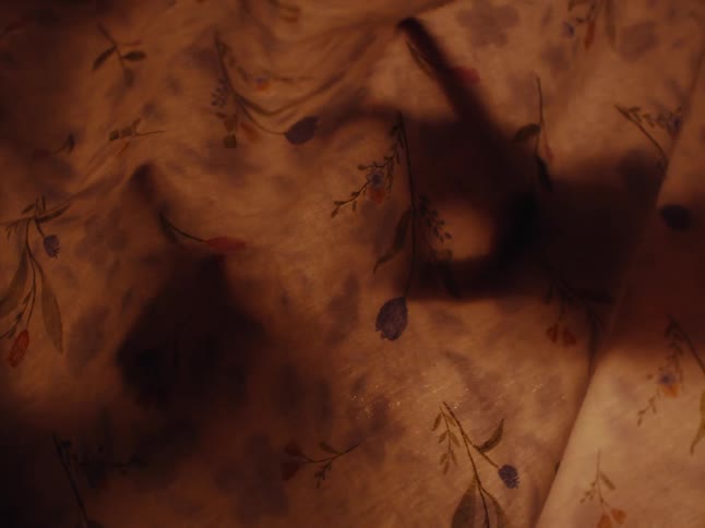 Playing hand shadows behind a sheet with flowers