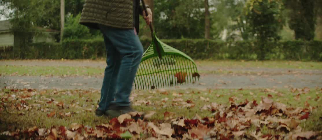 An elderly man rakes leaves in the front yard