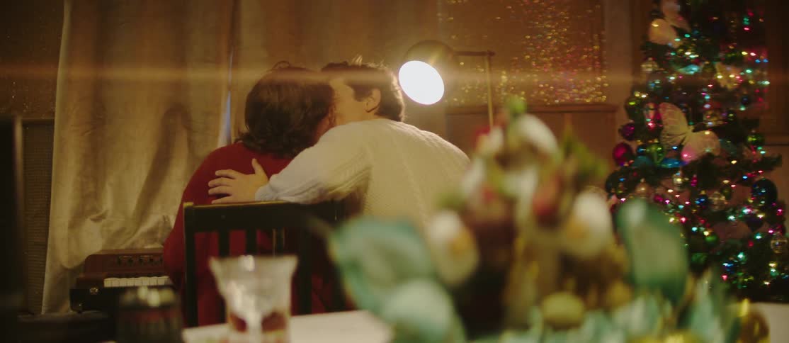 Couple sitting in a room with christmas decorations kissing