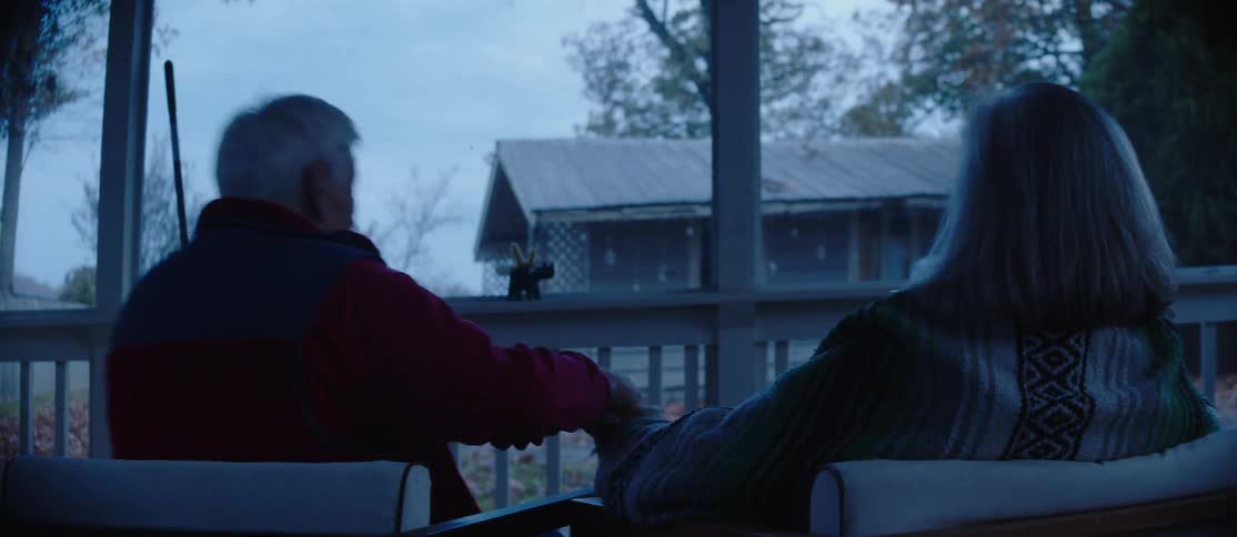 An elderly couple sits on their porch and sips coffee while holding hands