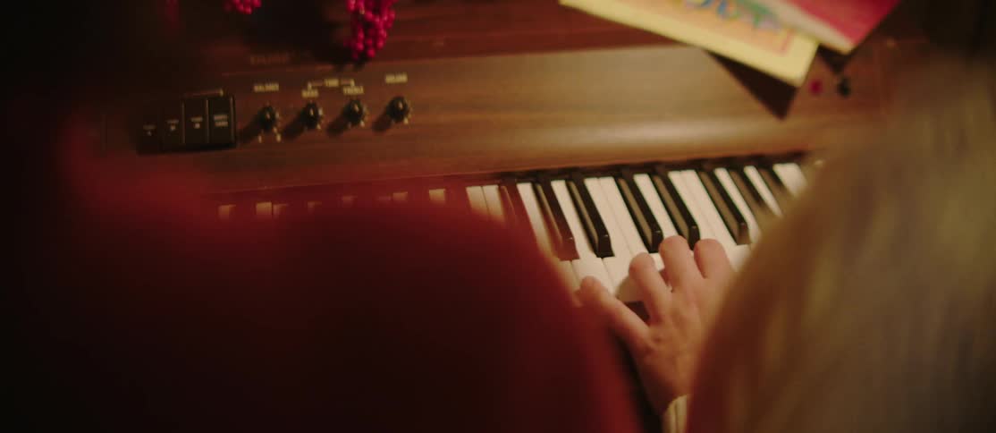 Two people are playing the piano together