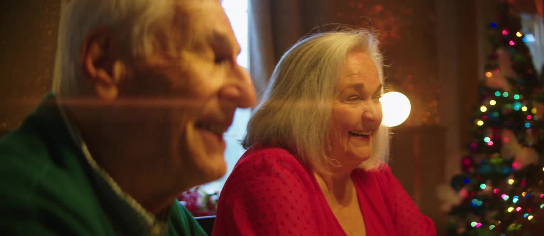 Elderly couple sitting together in a room with a christmas tree in the background