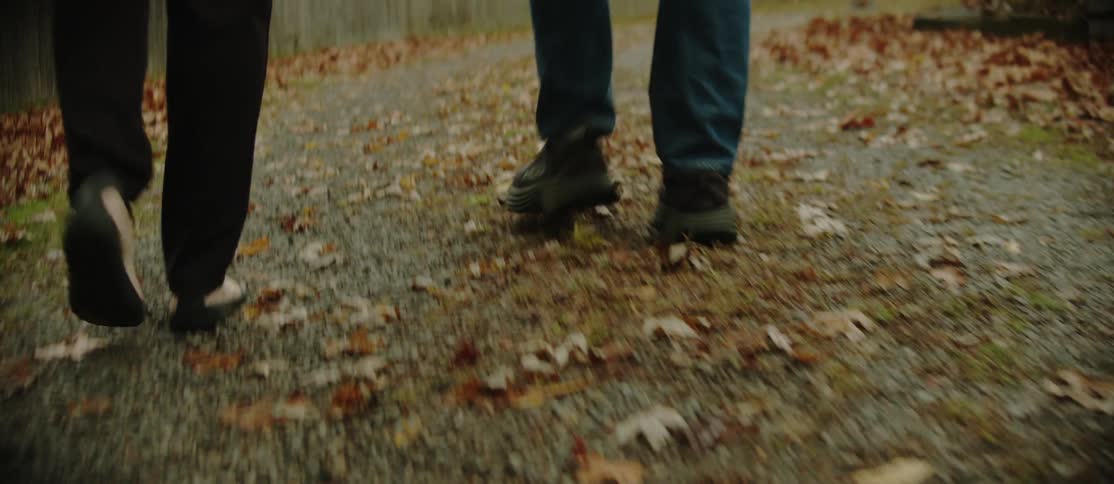 Two pairs of feet walking on a path covered in autumn leaves