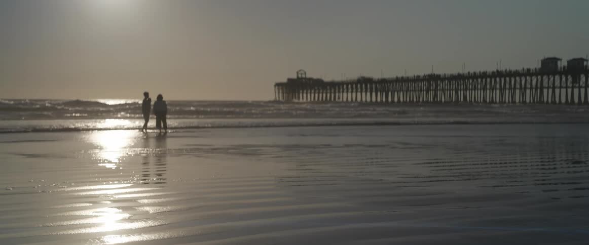 People stand on the beach at sunset