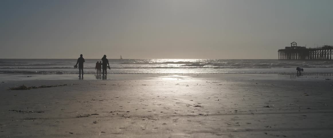 Some people walking on the sand of the beach with a sun during the day