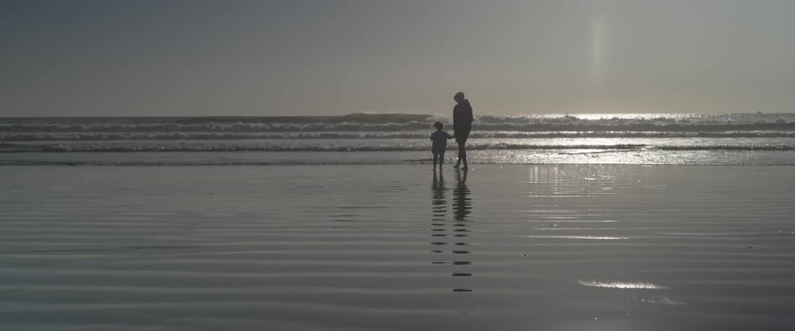 A parent is walking their child on the beach