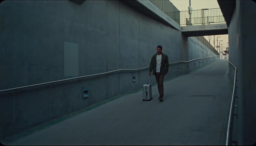 Man walking down an outside hallway with a suitcase