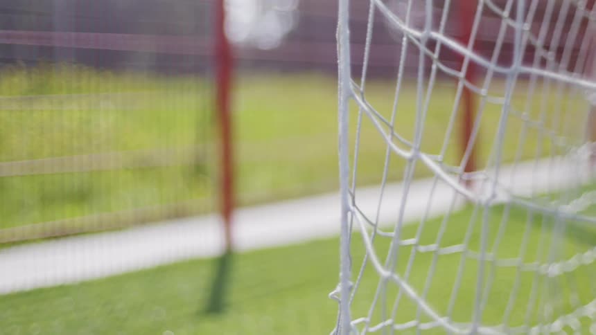 A soccer ball flying into the goal causing the net to ripple