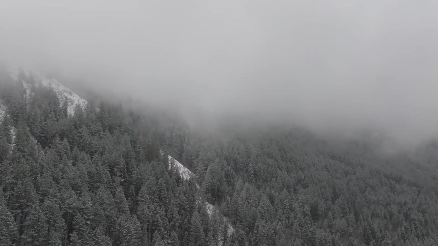 Aerial view of a thick fog blanketing a snowcovered forest creating an eerie and atmospheric scene