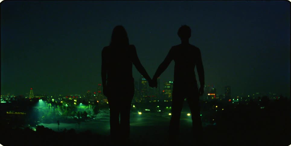 Silhouette of two people holding hands with a view of an illuminated city at night