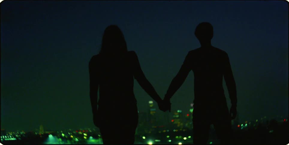 Man and woman holding hands are silhouetted against the green skyline at night