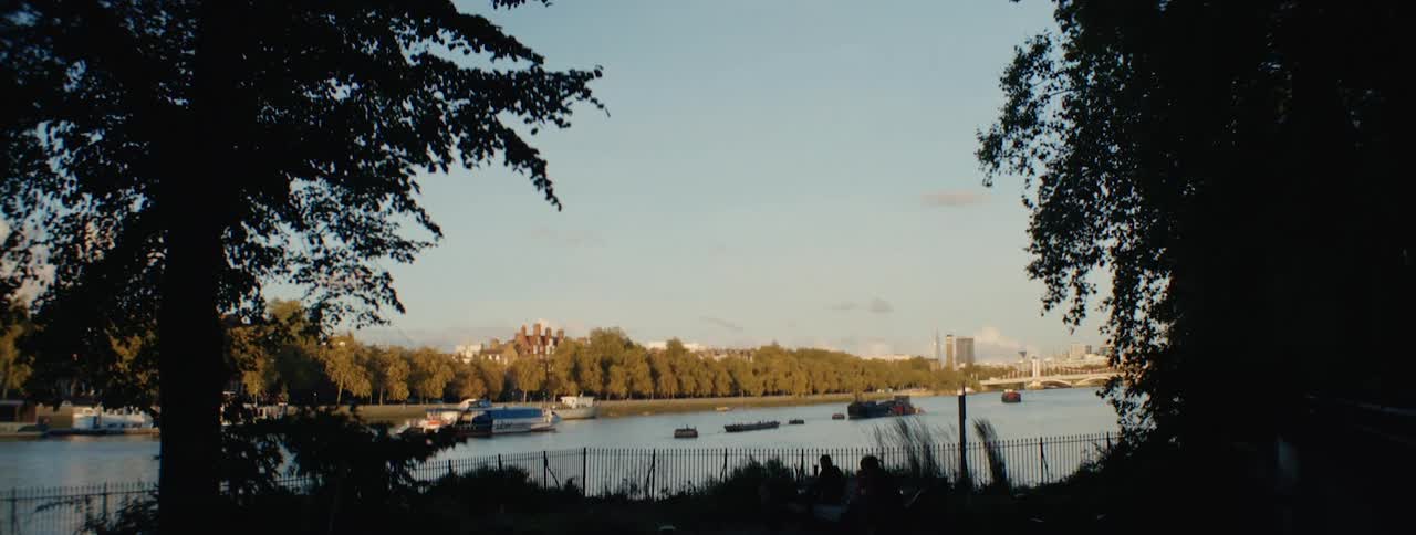 A river with several boats passing by trees lining both sides a bridge and buildings visible in the distance