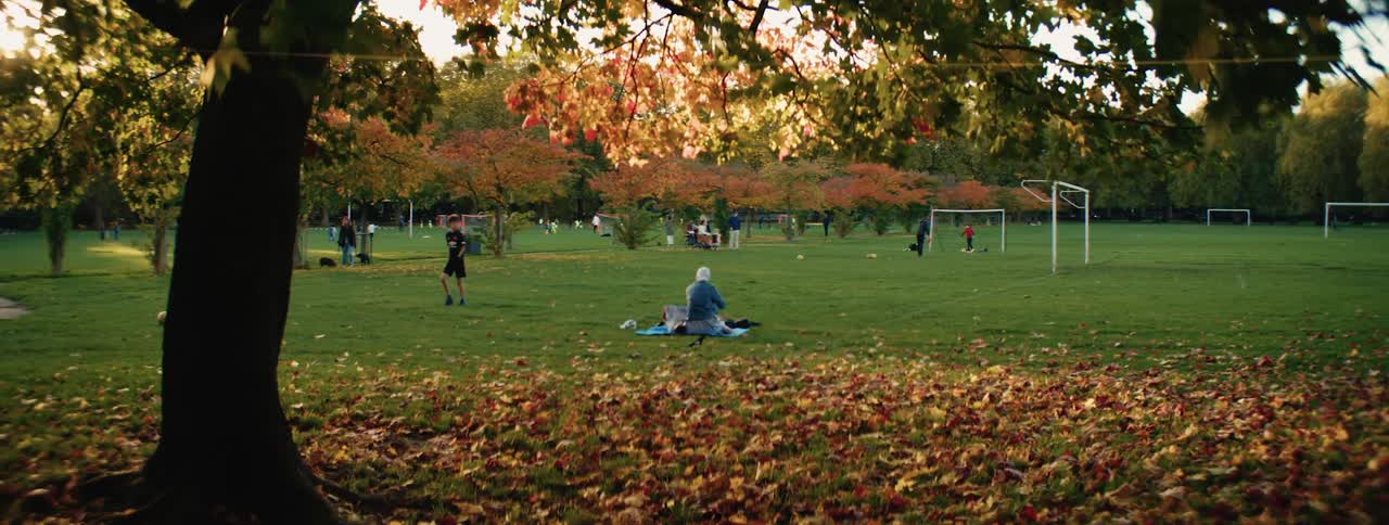 Older man sits on a blanket while people enjoy a day at the park on a sunny autumn day
