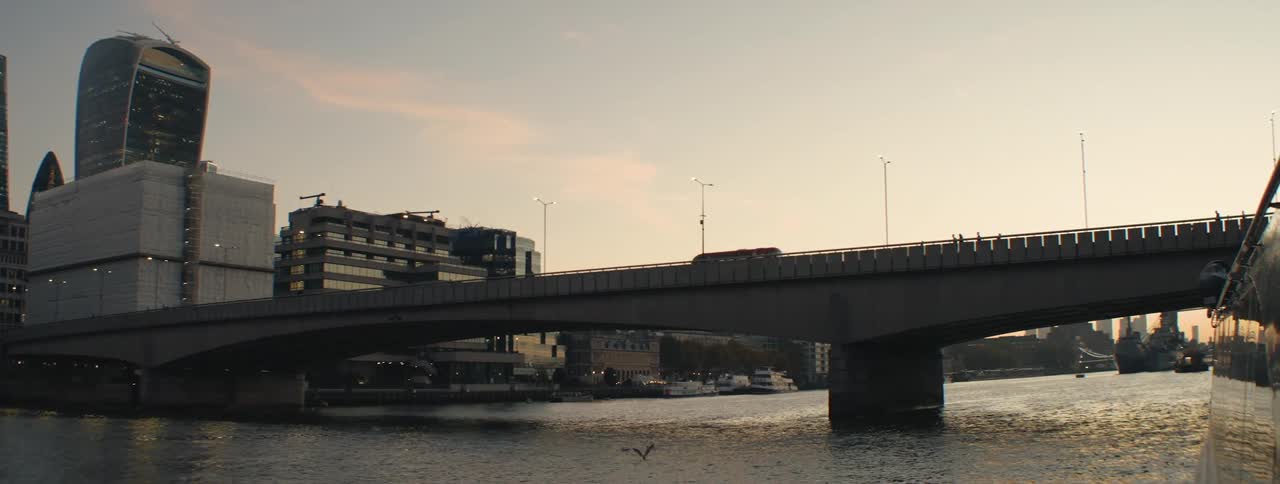 Sea canal with a bridge and a metropolis around it