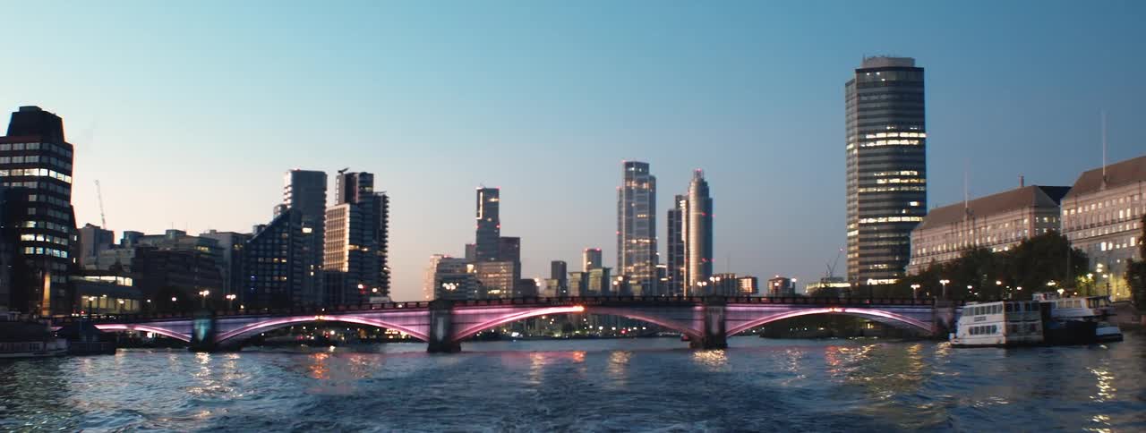 View of a sea canal in the center of a metropolis with modern skyscrapers