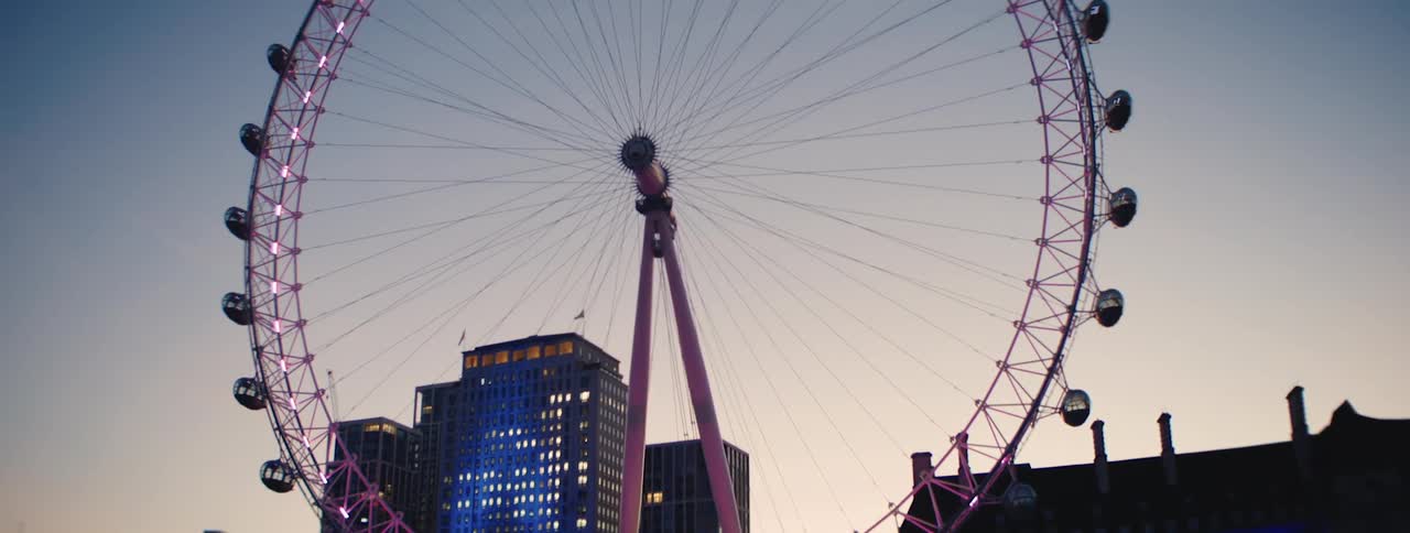 Illuminated ferris wheel on the seafront and a metropolis in the background