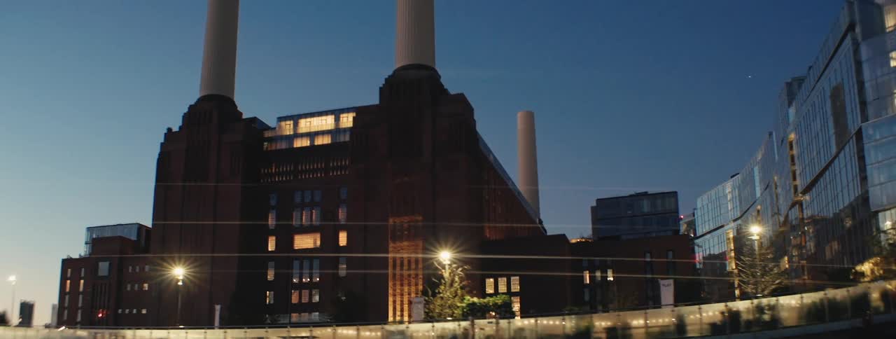 A large power plant is in the city