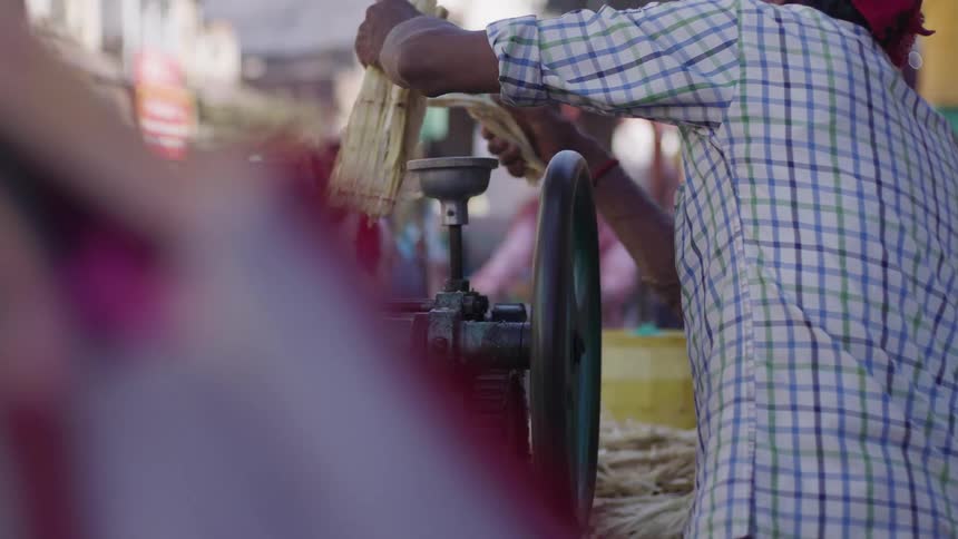 Person with a machine crushing sugar cane