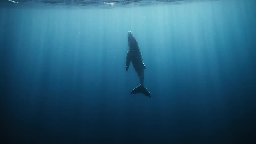 A large whale floats motionless in the dark depths of the ocean illuminated by a beam of sunlight piercing through the waters surface