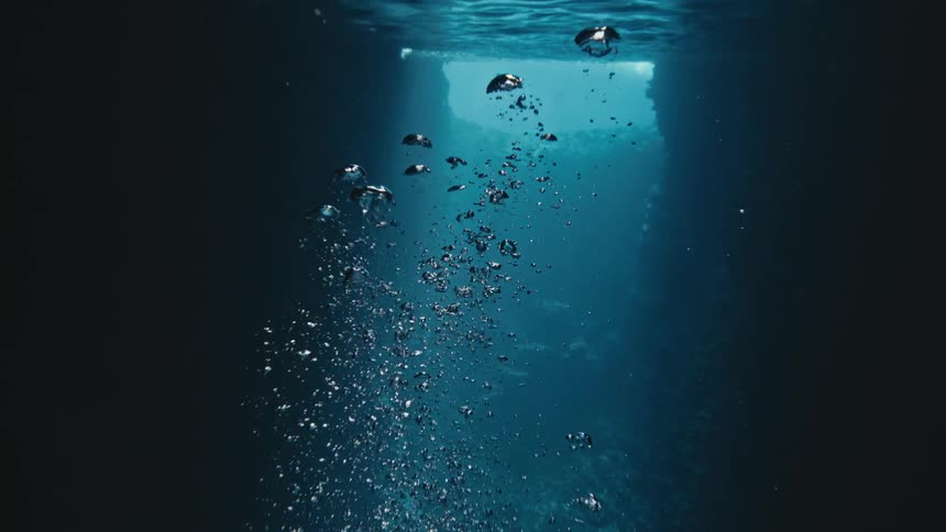 View from inside the sea with air bubbles rising to the surface