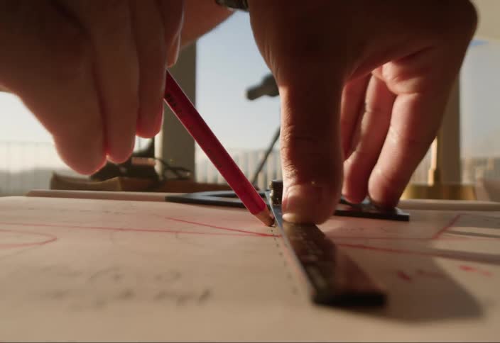 A person uses a red pencil and a ruler to draw a straight line on a piece of paper with a telescope visible in the background