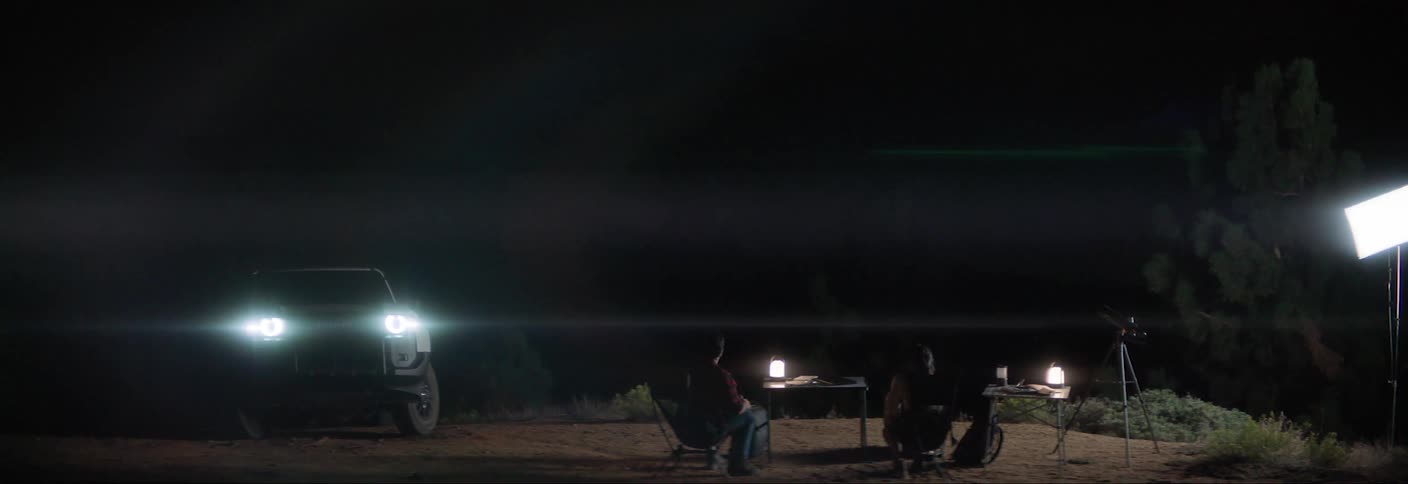 Two people are sitting under lights at night as they camp