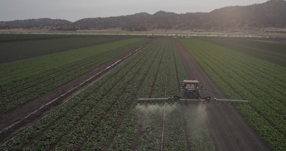 A farmer is spraying his crop being filmed from the air