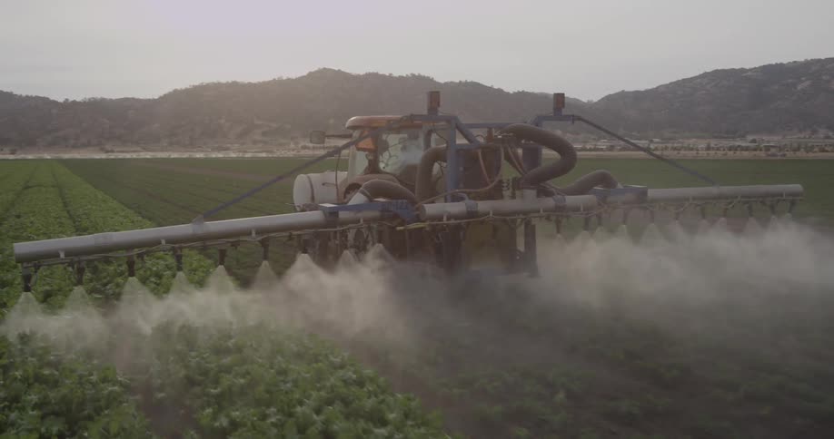 A tractor applies a spray to crops in a field