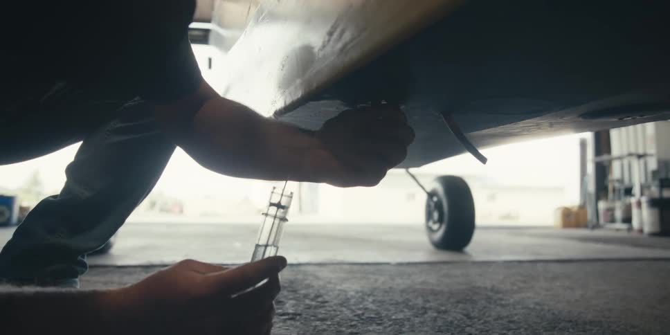 Mechanic sampling fuel with a syringe from under an airplane