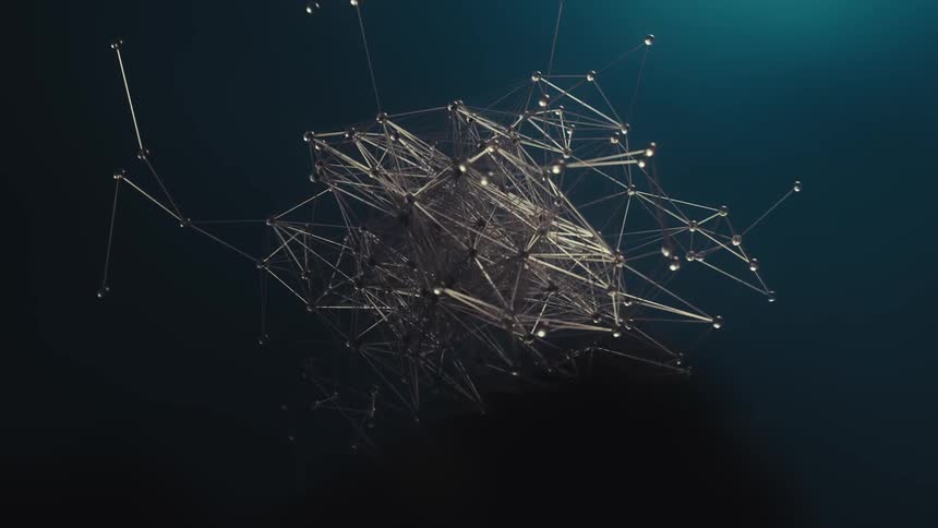 Threedimensional abstract structure composed of points connected by thin lines floating on a dark background with bluish nuances