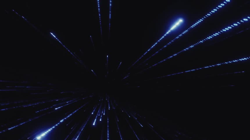 Lines of glowing digital numbers move through a rotating tunnel in the darkness