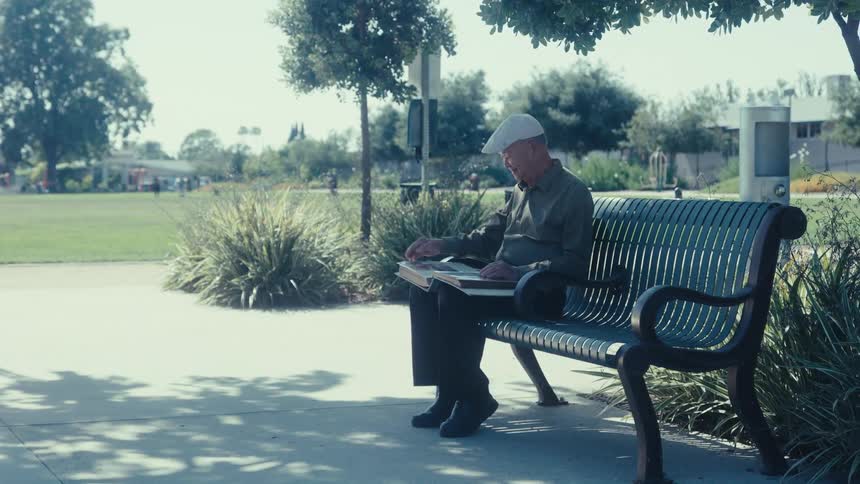 An elderly man sitting on a park bench looking at a photo album