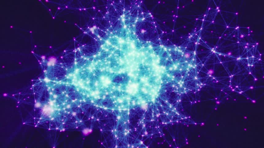 A bright blue light restoring in a completely dark environment and forming several bright blue particles that are expanded