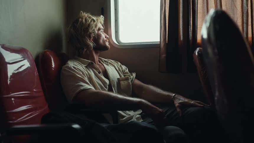 A blonde man with long hair sleeping on the red chairs of a train car wakes up tiredly and looks out the window