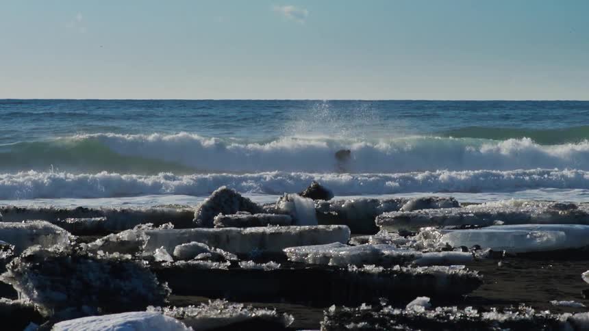 Surfer flies into the air on his surfboard as he rides a wave into the icy shore where another surfer cheers