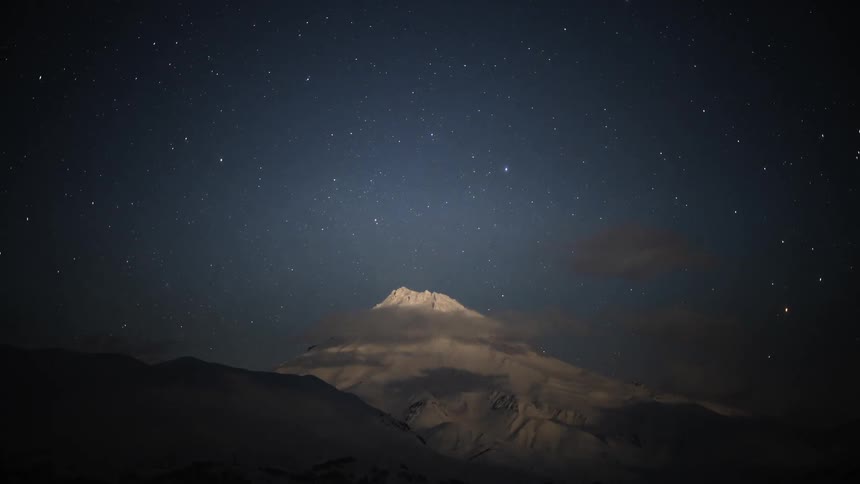 A blanket of stars shimmers above a snowcapped mountain range creating a breathtaking night sky