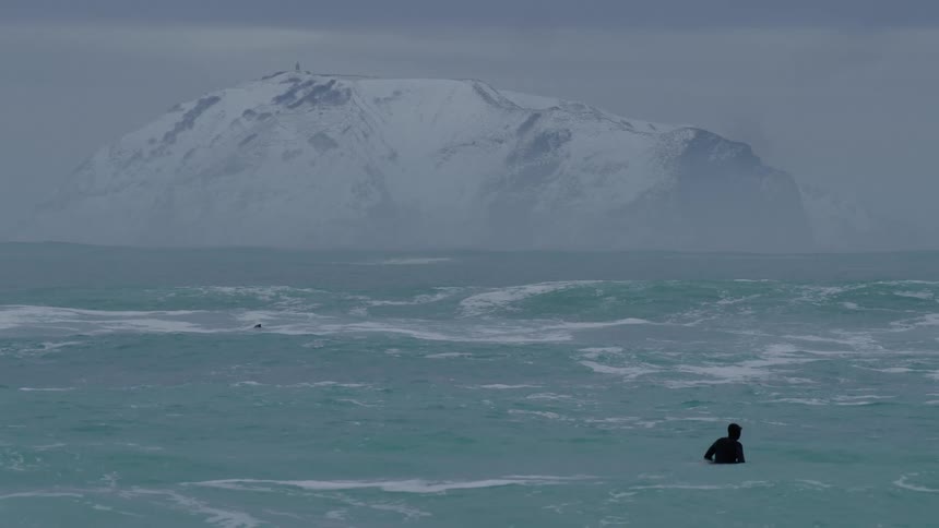 A person is swimming in the arctic ocean near a glacier