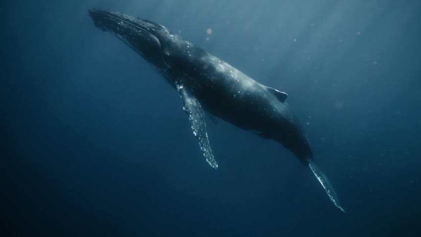 A humpback whale glides through the deep blue ocean illuminated by a beam of sunlight