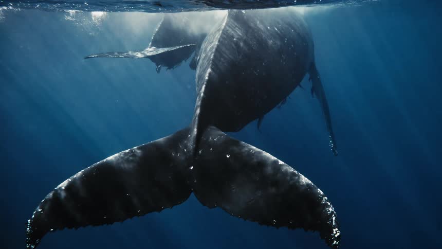 Tails of two whales one of which is a calf swimming on the surface of the ocean