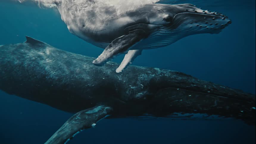 A mother humpback whale swimming alongside her calf in the deep blue ocean
