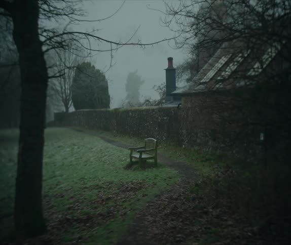A lone wooden bench sits beside a stone wall in a misty overgrown graveyard creating an eerie and atmospheric scene