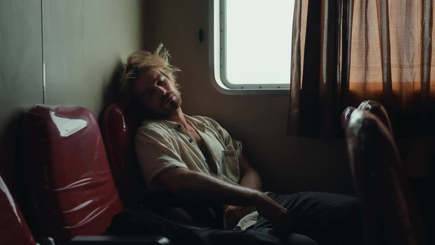 A man is sleeping on a red seat of public transport next to a window
