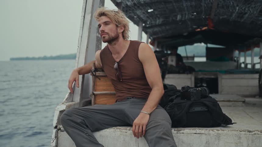 Man sitting in a boat moving through the sea